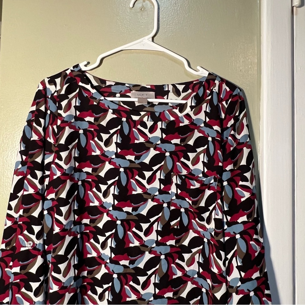 Loft Long Sleeve Blouse Chest Pocket Black White Floral S - Picture 2 of 10